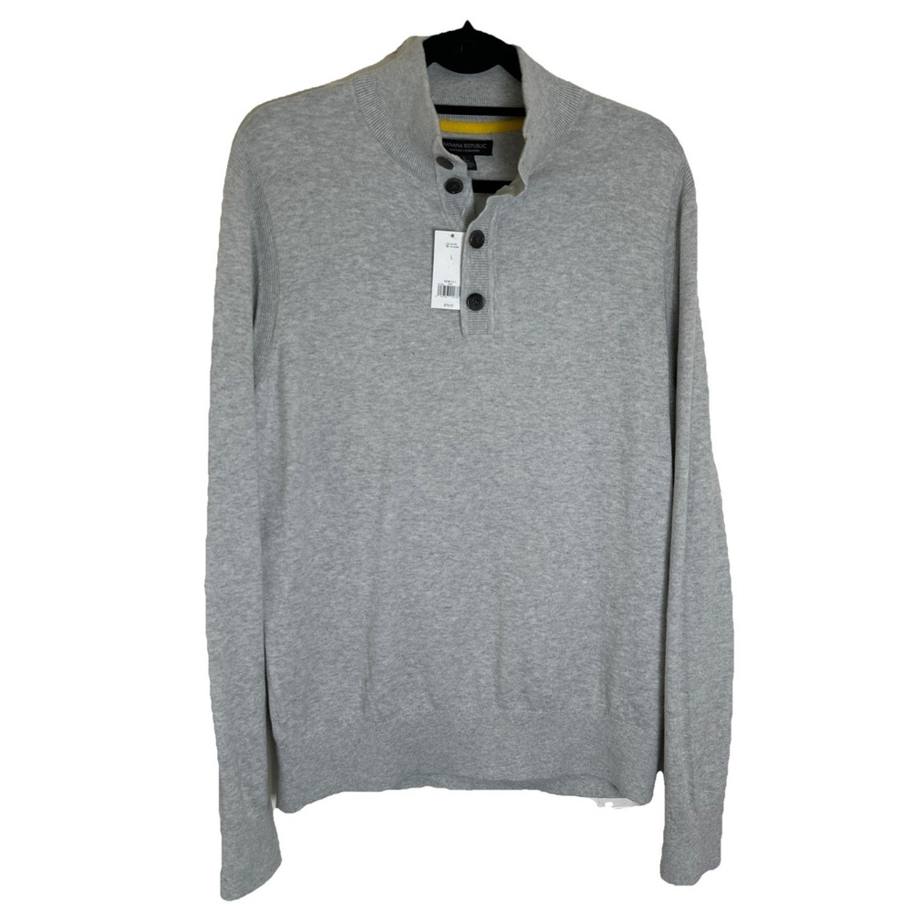 Banana Republic Cotton Cashmere Gray Knit Quarter Button‎ MockNeck Sweater L NWT